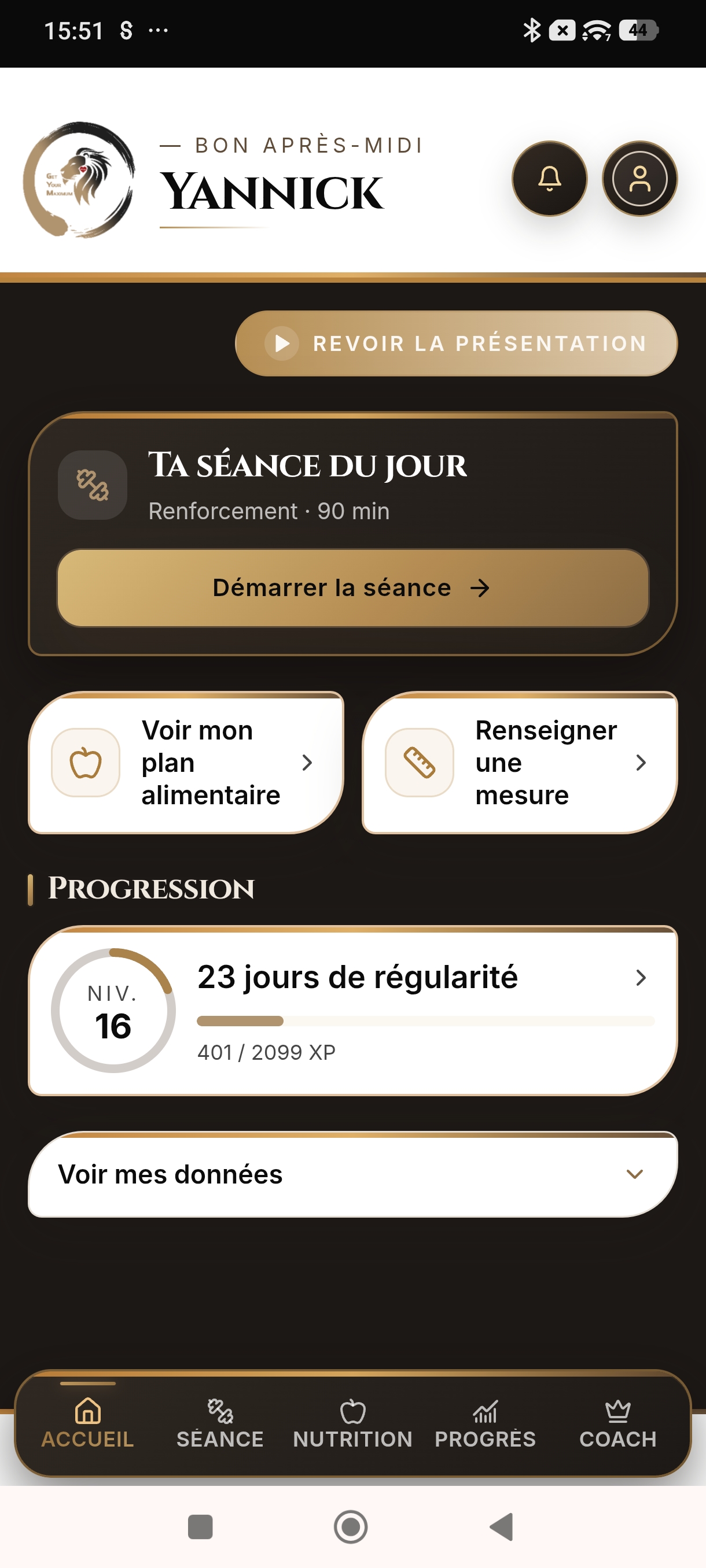 Accueil réel de l’application avec la séance du jour
